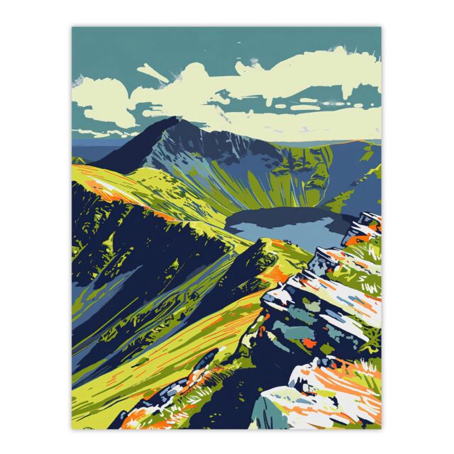 "Artery8 Bold Helvellyn Mountain Lake Hiking Landscape Wall Art Print in Green - Size: W24"" x H32""" - image 1