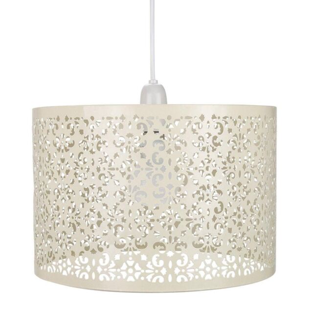 Happy Homewares Marrakech Designed Metal Pendant Light Shade with Floral Decoration in Cream - Size: 16 inches - image 1