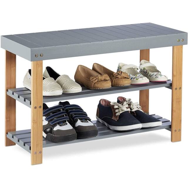 SPETLEK 3 Tier Bamboo Shoe Rack Bench Hallway Storage Organiser Stand in Grey - image 1