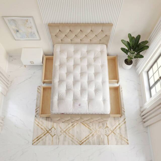 "Somnior Ziggy Velvet Divan Bed Mattress 4 Draw 54"" Headboard 22"" Footboard in Beige - Size: King" - image 1