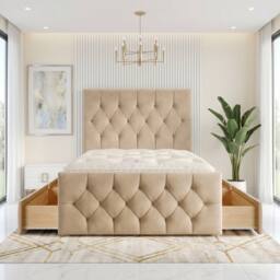 "Somnior Ziggy Velvet Divan Bed Mattress 4 Draw 54"" Headboard 22"" Footboard in Beige - Size: King" - thumbnail 5