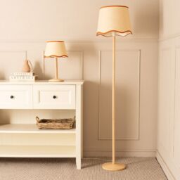 ValueLights Triston Natural Light Wood Stem Floor Lamp with Scallop Trim Tapered Lamp Shade in Burnt Orange - thumbnail 5