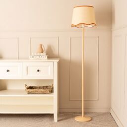 ValueLights Triston Natural Light Wood Stem Floor Lamp with Scallop Trim Tapered Lamp Shade in Burnt Orange - thumbnail 4