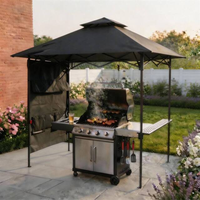 Home Source Folding BBQ Gazebo Outdoor Garden Marquee Tent with Accessory Pack in Black - image 1