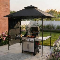 Home Source Folding BBQ Gazebo Outdoor Garden Marquee Tent with Accessory Pack in Black - thumbnail 1