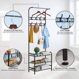 Dprodo 3-in-1 Hall Coat Rack Tree with Metal Fram in Black - thumbnail 2