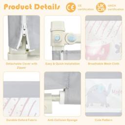 Costway Single Toddler Bed Guard Height Adjustable Baby Bed Rail With Safety lock in Light Grey - thumbnail 3