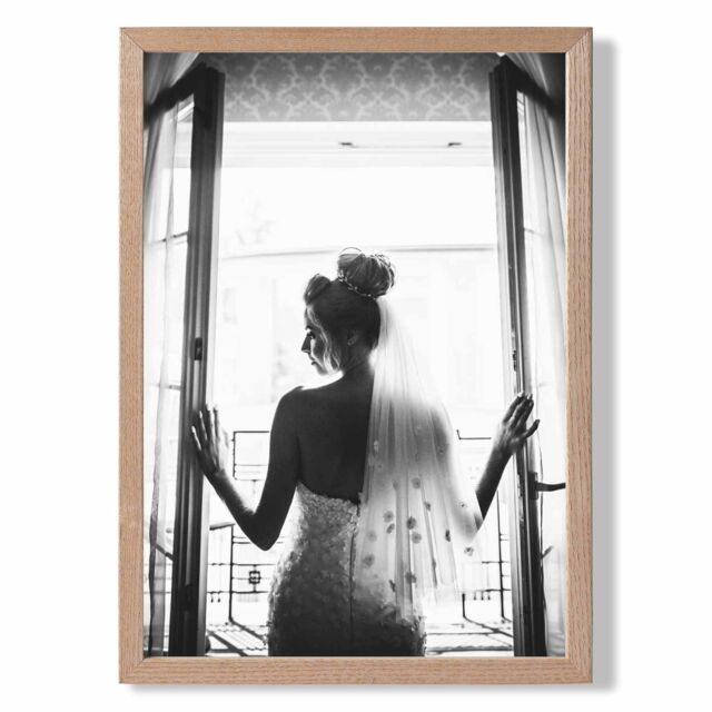 ARTZE Bride in Window Fashion Black & White Photo Framed Print SIZE: A3 with Oak Frame - Size: A4 - image 1
