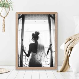 ARTZE Bride in Window Fashion Black & White Photo Framed Print SIZE: A3 with Oak Frame - Size: A4 - thumbnail 2