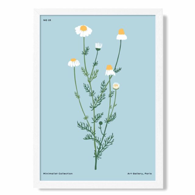 ARTZE Blue Daisies Flower Market Minimalist Framed Print SIZE: A2 with White Frame in Mid Blue - Size: A4 - image 1
