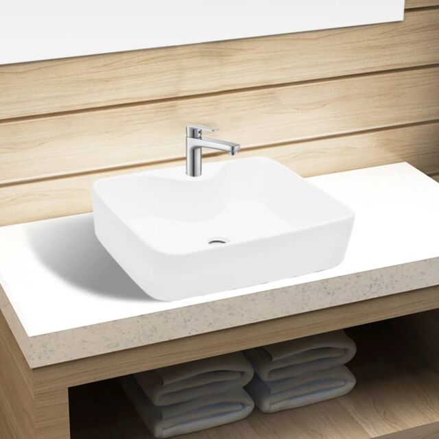 Berkfield Home Ceramic Bathroom Sink Basin with Faucet Hole White Square - image 1