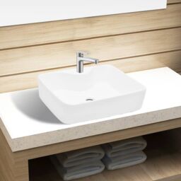 Berkfield Home Ceramic Bathroom Sink Basin with Faucet Hole White Square - thumbnail 1