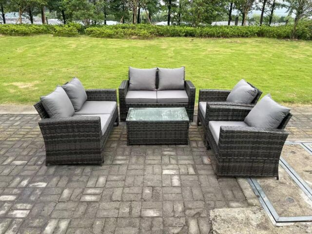 Fimous 6 Seater Dark Grey Mixed High Back Rattan Sofa Set rectangular Coffee Table Garden Furniture Outdoor Patio - image 1