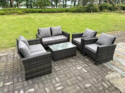 Fimous 6 Seater Dark Grey Mixed High Back Rattan Sofa Set rectangular Coffee Table Garden Furniture Outdoor Patio - thumbnail 3