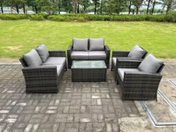 Fimous 6 Seater Dark Grey Mixed High Back Rattan Sofa Set rectangular Coffee Table Garden Furniture Outdoor Patio - thumbnail 1