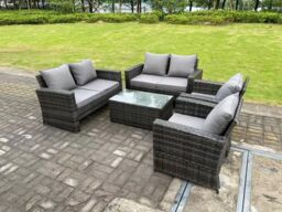 Fimous 6 Seater Dark Grey Mixed High Back Rattan Sofa Set rectangular Coffee Table Garden Furniture Outdoor Patio - thumbnail 2