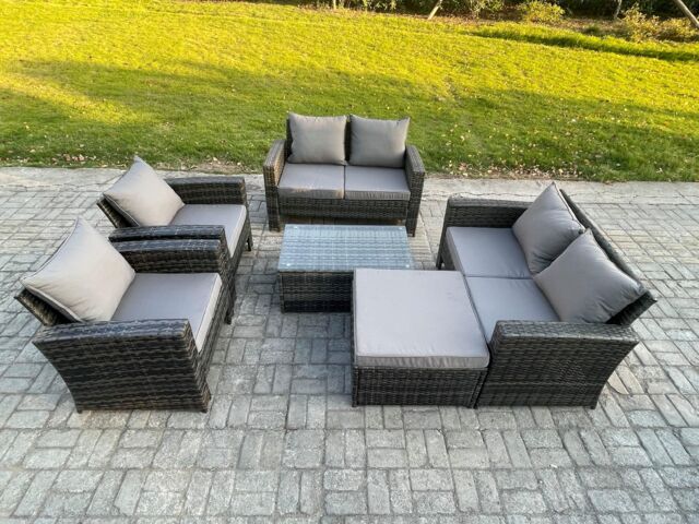 Fimous Garden Furniture Sets 6 Pieces Outdoor Rattan Furniture Manual Wicker Patio Sofa Chair Set with Coffee Table Big Footstool in Dark Grey