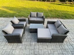 Fimous Garden Furniture Sets 6 Pieces Outdoor Rattan Furniture Manual Wicker Patio Sofa Chair Set with Coffee Table Big Footstool in Dark Grey - thumbnail 1