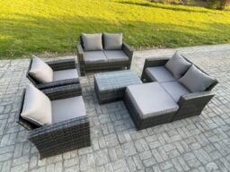 Fimous Garden Furniture Sets 6 Pieces Outdoor Rattan Furniture Manual Wicker Patio Sofa Chair Set with Coffee Table Big Footstool in Dark Grey - thumbnail 2