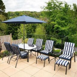 Hectare 6 Seater Reclining Dining Set with Reversible Cushions Parasol Navy