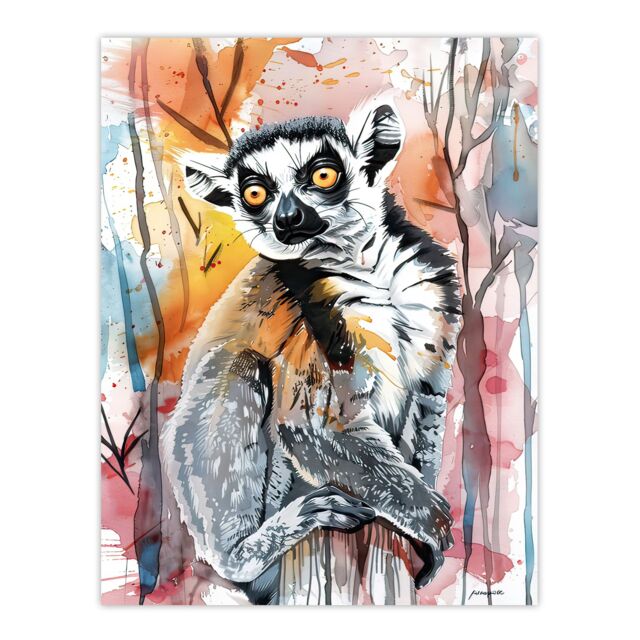 "Artery8 Striped Lemur in Abstract Rainforest Sunset Wall Art Print - Size: W24"" x H32""" - image 1