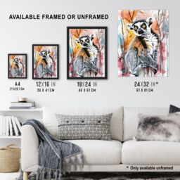 "Artery8 Striped Lemur in Abstract Rainforest Sunset Wall Art Print - Size: W24"" x H32""" - thumbnail 3