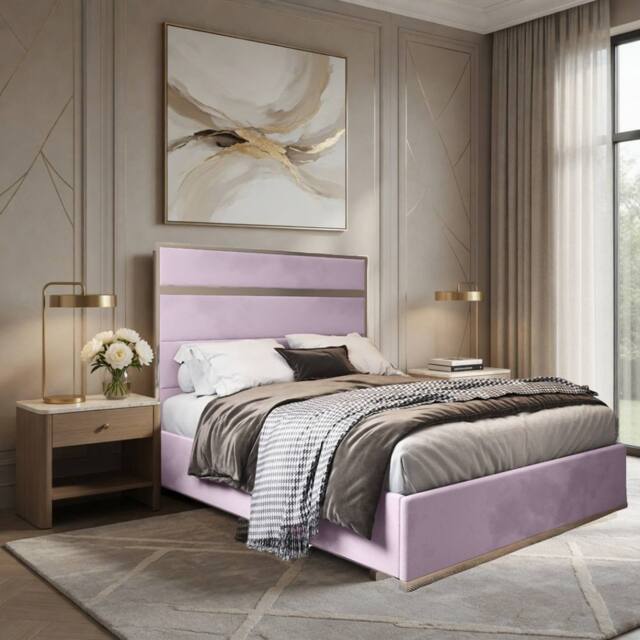 Casani Flookburgh Upholstered Soft Velvet Pink Metal Designer Bed Frame - Size: King - image 1