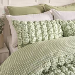 OHS Gingham Filled Seersucker Duvet Cover Set with Pillowcase Bedding in Green - Size: Single - thumbnail 2
