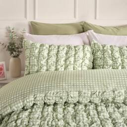 OHS Gingham Filled Seersucker Duvet Cover Set with Pillowcase Bedding in Green - Size: Single - thumbnail 3