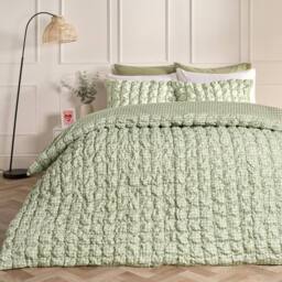 OHS Gingham Filled Seersucker Duvet Cover Set with Pillowcase Bedding in Green - Size: Single - thumbnail 1
