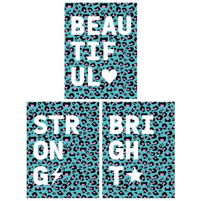 Artery8 Wall Art Print Pack of 3 A4 Leopard Pattern Beautiful Strong Bright Typography on Turquoise & Purple Living Room s Set - image 1
