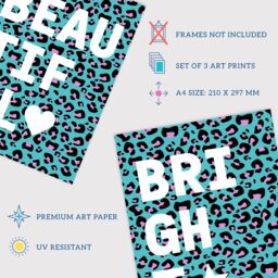 Artery8 Wall Art Print Pack of 3 A4 Leopard Pattern Beautiful Strong Bright Typography on Turquoise & Purple Living Room s Set - thumbnail 4