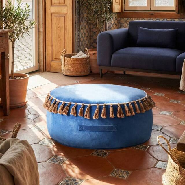 Wyld and Coco Velvet Round Tasselled Pouffe Ottoman Blue - image 1