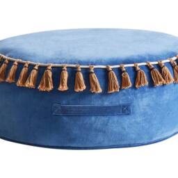Wyld and Coco Velvet Round Tasselled Pouffe Ottoman Blue - thumbnail 2