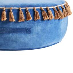 Wyld and Coco Velvet Round Tasselled Pouffe Ottoman Blue - thumbnail 5