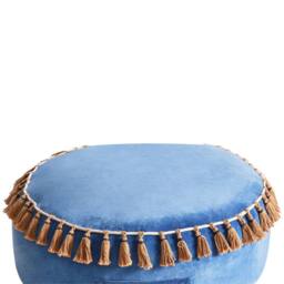 Wyld and Coco Velvet Round Tasselled Pouffe Ottoman Blue - thumbnail 4