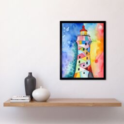 "Artery8 Wall Art Print Lighthouse Concept With Rainbow Colour Sky Folk Art Watercolour Painting Art Framed in Black - Size: W12"" x H16""" - thumbnail 2