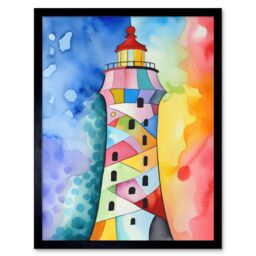 "Artery8 Wall Art Print Lighthouse Concept With Rainbow Colour Sky Folk Art Watercolour Painting Art Framed in Black - Size: W12"" x H16""" - thumbnail 1