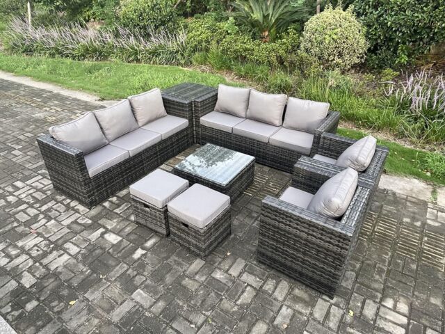 Fimous Rattan Garden Furniture Sofa Set with 2 Armchairs Square Coffee Table Side Table 2 Small Footstools Indoor Side Table in Dark Grey - image 1