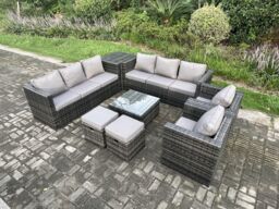 Fimous Rattan Garden Furniture Sofa Set with 2 Armchairs Square Coffee Table Side Table 2 Small Footstools Indoor Side Table in Dark Grey - thumbnail 1