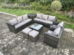 Fimous Rattan Garden Furniture Sofa Set with 2 Armchairs Square Coffee Table Side Table 2 Small Footstools Indoor Side Table in Dark Grey - thumbnail 2