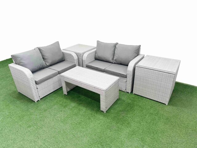 Fimous 4 Seater Outdoor Love Sofa Set Rattan Garden Furniture Set with Oblong Coffee Table 2 Side Tables Light Grey - image 1