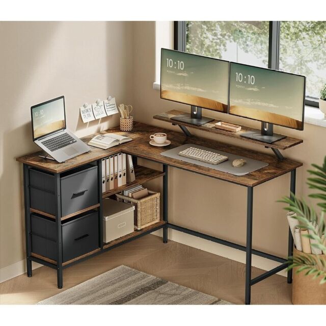 VASAGLE Large L-Shaped Gaming Desk 2 Drawers Monitor Stand Corner Computer in Brown - image 1