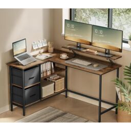 VASAGLE Large L-Shaped Gaming Desk 2 Drawers Monitor Stand Corner Computer in Brown