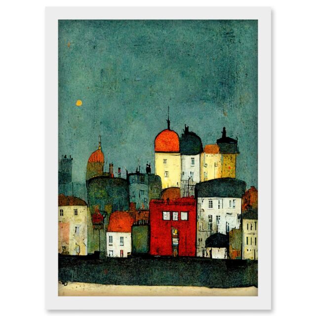 Artery8 Playful Town Skyline Scene At Night With Pastels & Ink Artwork Framed Wall Art Print A4 in White - image 1
