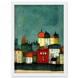 Artery8 Playful Town Skyline Scene At Night With Pastels & Ink Artwork Framed Wall Art Print A4 in White - thumbnail 1