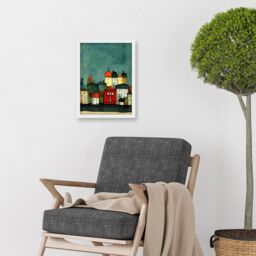 Artery8 Playful Town Skyline Scene At Night With Pastels & Ink Artwork Framed Wall Art Print A4 in White - thumbnail 2