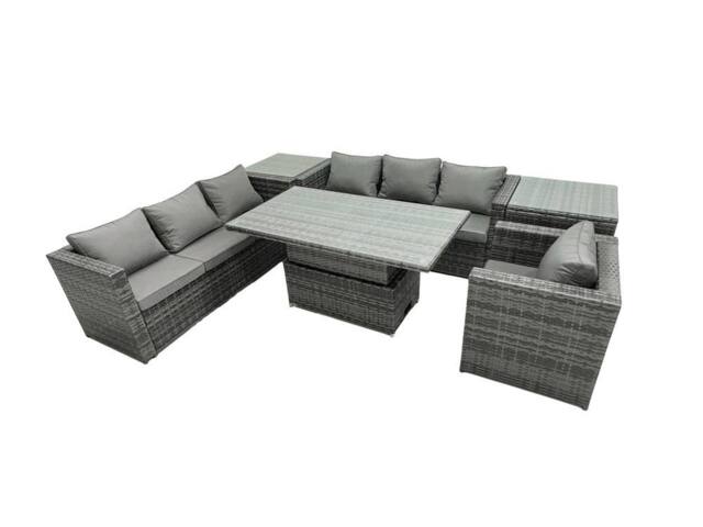 Fimous Rattan Dining Table Sofa Set with 2 Side Table Outdoor 7 Seat in Dark Grey - image 1