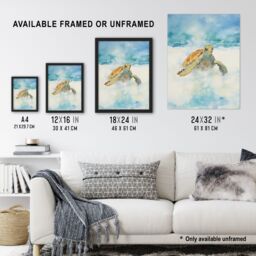 "Artery8 Wall Art Print Sea Turtle Surf Watercolour Painting Surfing Over Foam Waves Bright Seascape Art Framed in Black - Size: W12"" x H16""" - thumbnail 3