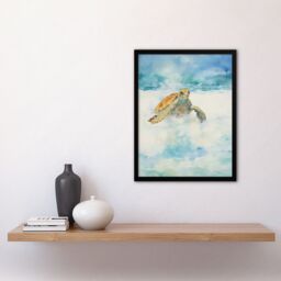 "Artery8 Wall Art Print Sea Turtle Surf Watercolour Painting Surfing Over Foam Waves Bright Seascape Art Framed in Black - Size: W12"" x H16""" - thumbnail 4